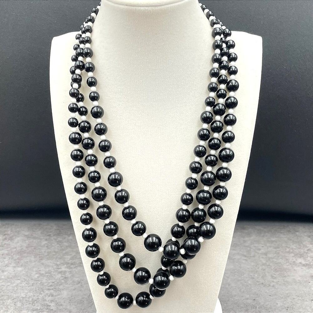 VTG Multi Strand Black Bead Necklace White Spacer Tiered Layered Statement Boho
